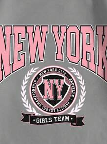 Herbst/Winter New Yorker Modestil personalisierter Buchstaben Slogan Muster Mädchen Baumwolle Dropped Shoulder Sweatshirt, Curve Oversize Fleece Futter Rundhals Loose Lässig Sportswear, vielseitig für Straße & Schule, bequemes Langarm Top