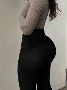 女士时尚休闲膝盖破洞中腰口袋紧身喇叭牛仔裤 - 黑色 - 查看 3