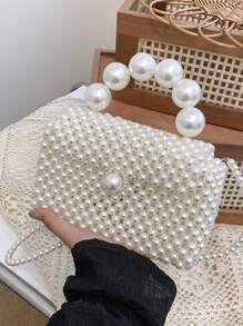 1pc Mini Elegant Faux Pearl Hand-Woven Shoulder Handbag, Crossbody Phone Purse, Suitable For Women Daily Use & Dates, Gift