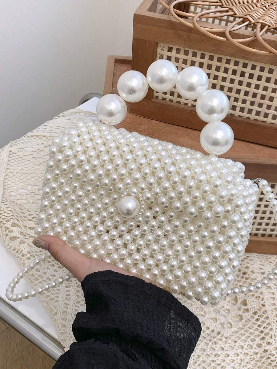 1pc Mini Elegant Faux Pearl Hand-Woven Shoulder Handbag, Crossbody Phone Purse, Suitable For Women Daily Use & Dates, Gift