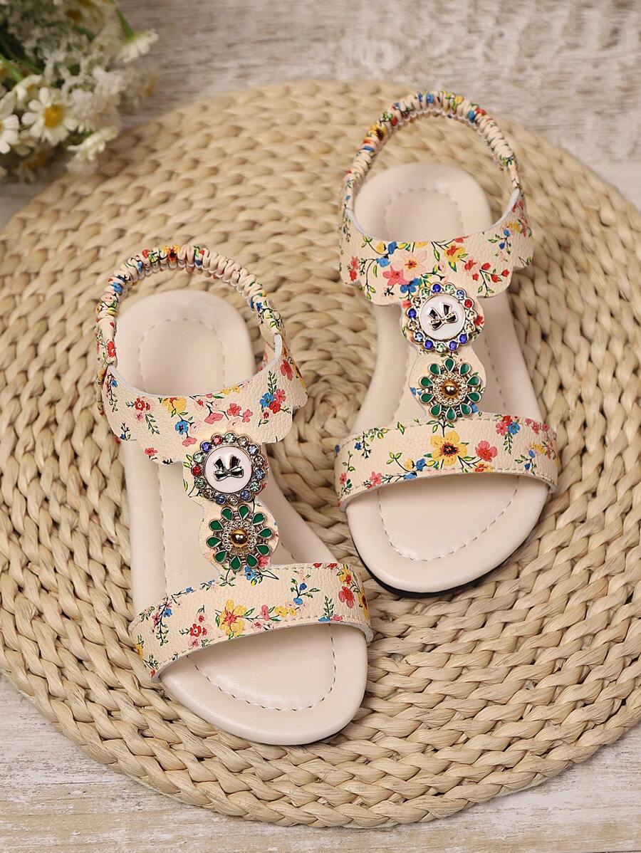 1 双加大码象牙色幼儿/小女孩闪光扣带平底凉鞋，圆头，松紧后跟，适合 3-16 岁女孩，休闲/度假/旅行，2025 年春夏新品 - 米色 - 查看 1