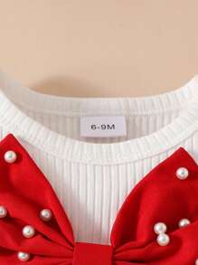 Toddler Girl Summer Clothes Big Pearl Bow Flutter Sleeve Round Neck Tops + Ruffled Shorts + Beret 3 Pcs Set - Red - View 7