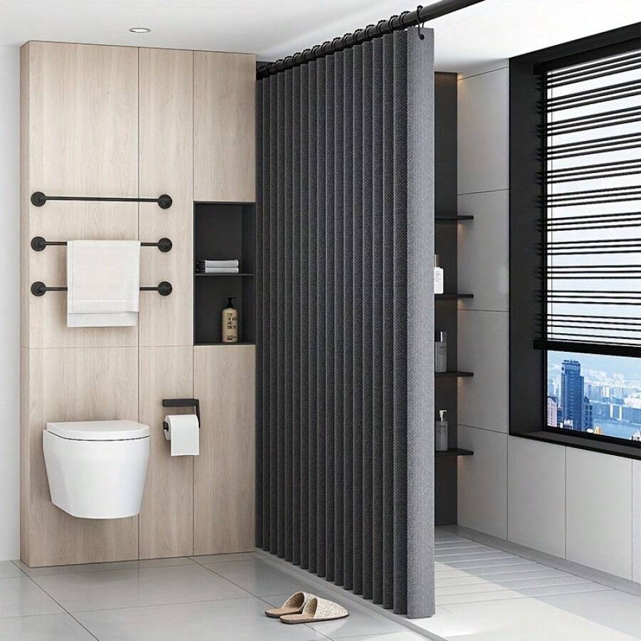 The advanced folding shower curtain in the bathroom has a magnetic