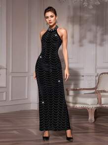Elegant Round Neck Sleeveless Sparkling Rhinestone Long Party Gathering Dresses, Wedding Guest Dress, Formal Dress, Evening Dress - Black - View 2