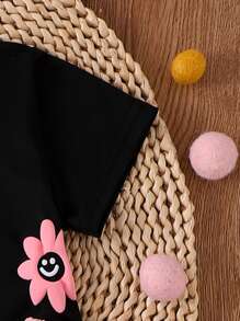 2pcs/Set Young Girl Casual Comfy Cute Floral Print Top And Button Decor Shorts Set, Summer