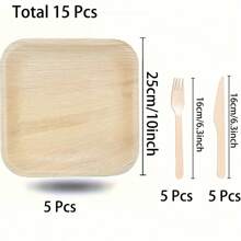 15/30pcs Disposable Square Palm Leaf Plates & Cutlery Set, 10-Inch Square Plate (5/10pcs) + 16cm Knife (5/10pcs) + 16cm Fork (5/10pcs), Plastic Alternative, Microwave Friendly, Suitable For Family Gatherings, Restaurants, Parties, Graduation Season, Serves 5/10 Guests