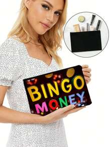 Bingo Money 图案女士化妆包，单面全印花收纳袋，可重复使用印花女士化妆包，带拉链封口，适用于化妆品、文具-手洗，休闲设计，适合彩票爱好者、学生、教师、游戏奖品，送给朋友和女朋友的礼物