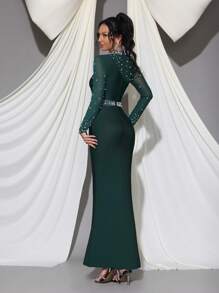New Sexy Pearl Decor Mesh Patchwork Long Sleeve BodyconLong Bandage Dress, Elegant For Wedding Guest, Party, Birthday, Formal Evening Gown Eid Al Fitr Dress - Dark Green - View 5