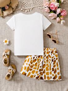 2pcs/Set Toddler & Young Girl Cartoon Deer Print Casual T-Shirt & Shorts Outfit, Fashionable Spring/Summer