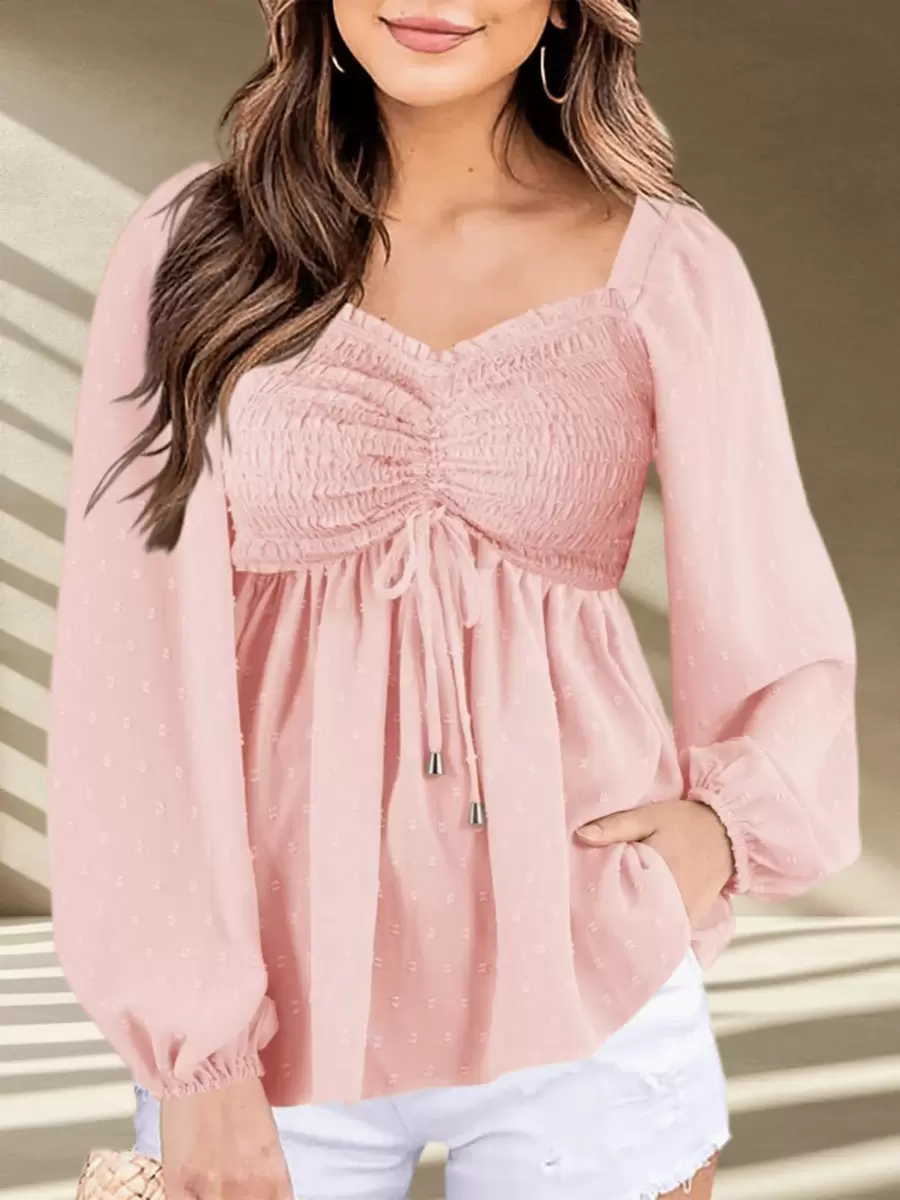 Womens V Neck Smocked Peplum Tops - Baby Pink - View 1