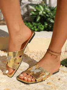 2025 New Women Fashion Open Toe Strap Rhinestone Butterfly Decor Classic Sandals, Flat Comfortable Lightweight Non-Slip, Suitable For Outdoor, Beach, Holiday