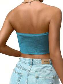 Women's Solid Color Strapless Vacation Casual Top - Blue - View 6