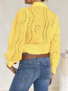 Women's Summer Solid Color Embroidered Hollow Out, Holiday Retro Style Bohemian Embroidery Blouse