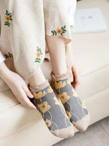 5/10/20 pares Calcetines cortos y versátiles para mujer con patrón de flor 3D en relieve, estilo retro, transpirables