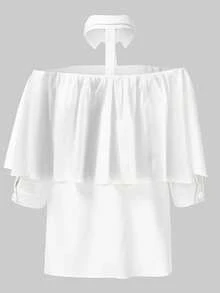 女士露肩纯色长袖衬衫，简约时尚