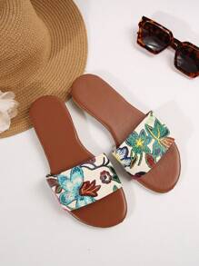 Women's Random Flower Pattern Slip-On Round Toe Flat Slide Sandals, Lightweight Bohemian Style Indoor/Outdoor Slippers, Brown - Brown - View 7