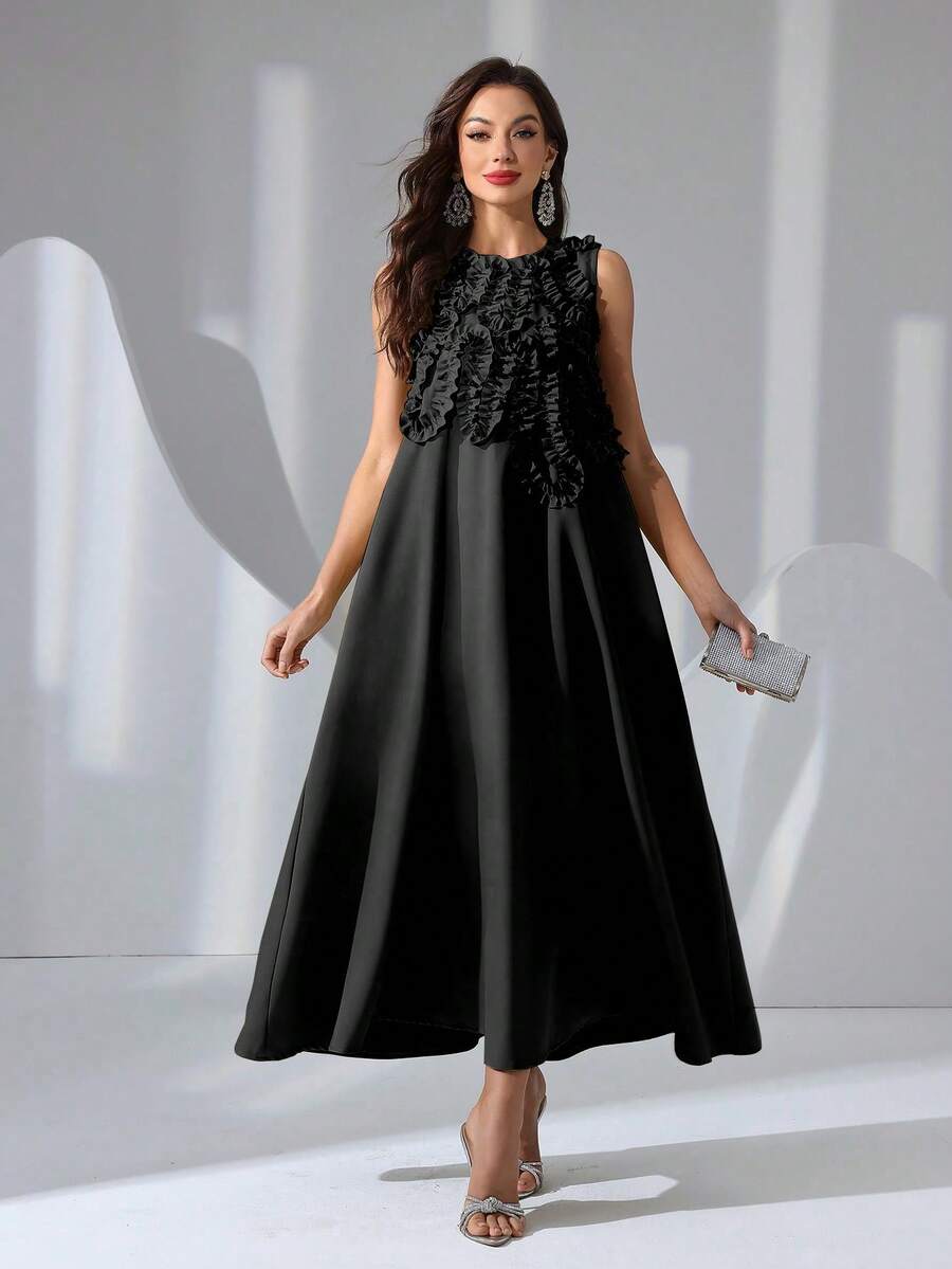 女士3D立体花卉无袖套头连衣裙，黑色，夏季优雅款 - 黑色 - 查看 1