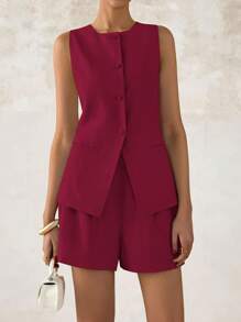 Women's Two-Piece Summer Commute Fashion Button-Up Blazer Tank Top High-Waisted Shorts Business Casual - 酒紅色 - 查看 3