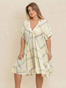 Rusttydustty Women Plus Size Multi Color Grid Deep V-Neck Loose Dress Summer Party Beach Holiday Music Festival - Multicolor - View 6