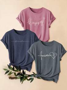 Pack mixte de 3 pièces T-shirts style rétro avec imprimé lettres, confortables. Hauts sport col rond à manches courtes décontractés pour l'été, vêtements pour femmes