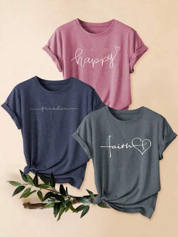 3er-Pack Retro-Stil T-Shirts mit Buchstabenprint, bequem, lässige Rundhals Kurzarm Sport Oberteile für den Sommer, Damen Bekleidung