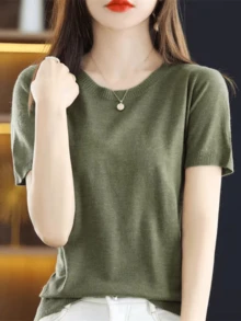 Soft Short Sleeve Women's Round Neck Solid Color Loose Fit Slimming Summer Casual Versatile Half Sleeve Knit Top T-Shirt - Army Green - View 4