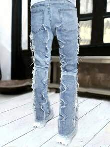 Men's Fashionable Letter Print Distressed Slim-Fit Jeans - Medium Wash - View 2