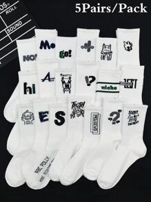 5 Pairs Random Men's Crew Socks, White Letter & Cartoon Patterned Casual Unisex Sports Socks, Fall - White - View 9