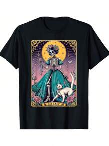 Cat Lady Tarot Card Skeleton Woman Funny Cat Lover T-Shirt - 黑色 - 查看 1