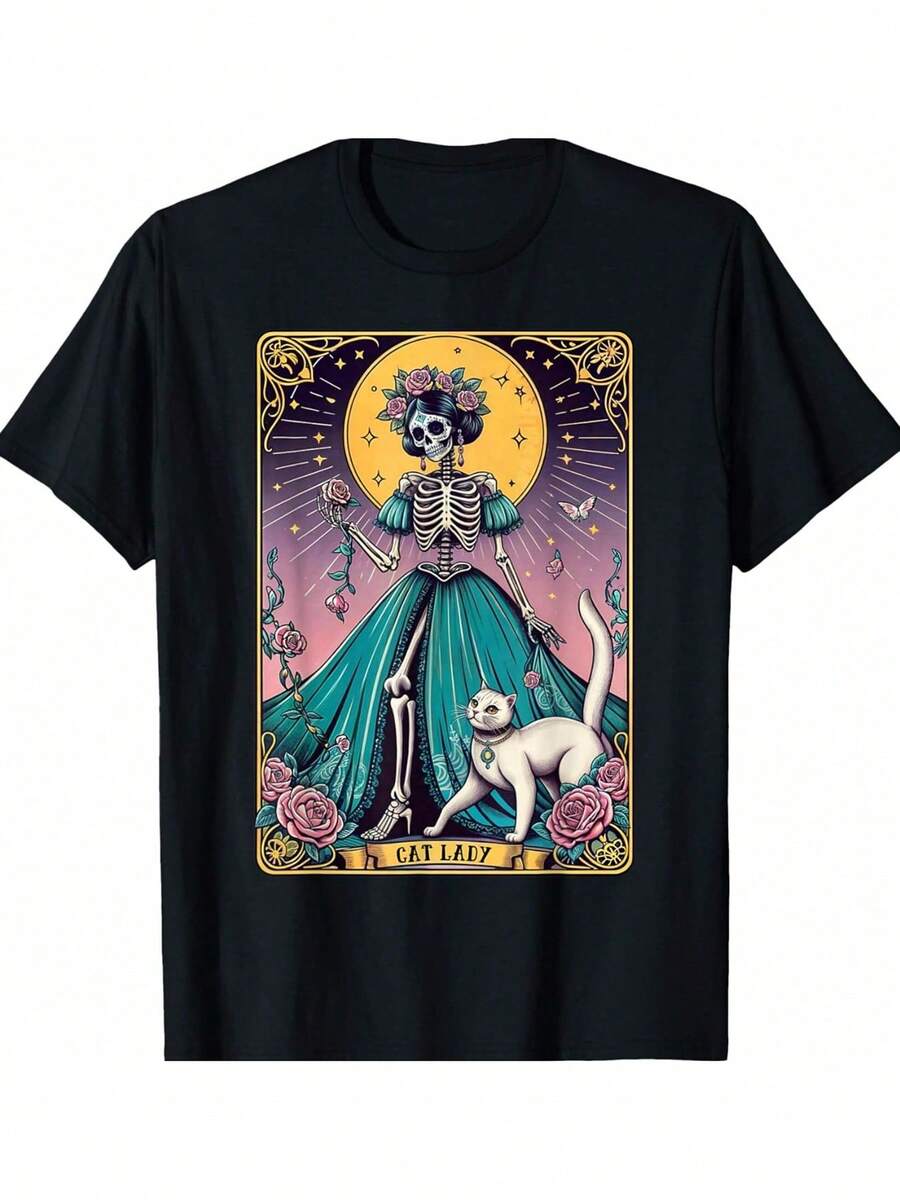 Cat Lady Tarot Card Skeleton Woman Funny Cat Lover T-Shirt - 黑色 - 查看 1