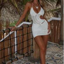 Women Crochet Knit Halter Neck Short Mini Dress Sexy Backless Tie Up Hollow Out Bodycon Sundress Low Cut V Neck Swimcuit Cover Ups Beachwear - 白色 - 查看 5