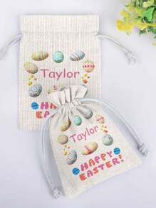 1 件定制复活节名字糖果袋，多尺寸复活节糖果抽绳储物袋，涤纶抽绳礼品袋 - 可重复使用的亚麻糖果袋，适用于节日派对礼物和礼品包装