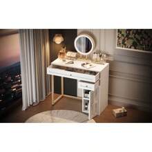 31.5'' Makeup Vanity Desk With Lighted Mirror Luxury Dressing Table With 2 Drawers And 1 Cabinet 3 Lighting Modes Available For Bedroom White-Gold - White+Gold as pic - View 11