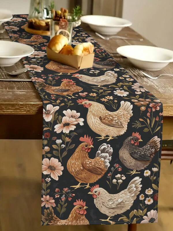 1 Stück Tischtläufer mit Hahnen-Muster, dekorativer Tischtläufer mit Huhn-Muster, moderner Stil, Tischdekoration für Zuhause, Innen- und Außenfest-Zubehör, geeignet für tägliche Dekoration der Heimküche und Partydekorationen