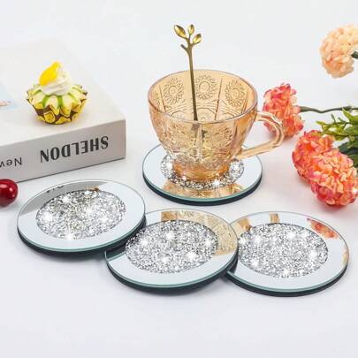 4pcs/Set Glass Mirror Coasters, 4x4 Inch Rhinestone Decorated Insulated Cup Mats, Decorative Placemats For Restaurant, Kitchen, Bar, Dining Table, Coffee Table, Birthday Table Decor