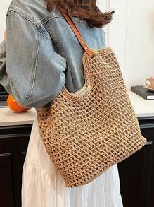 Yogodlns Nuevas bolsas de mano totes con diseño calado para mujer, de gran capacidad, tejidas de paja, bolso de hombro estilo vintage para viajes y playa, bolsa de compras