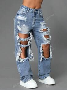 Jeans droits avec poches obliques contrastées et découpes