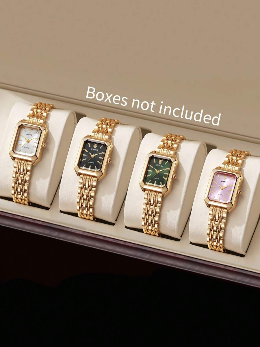 4pcs/Set Women's Fashion Casual Square Roman Numerals Dial Elegant Simplistic Quartz Watch Set, Not Including Watch Box - Gold - View 1