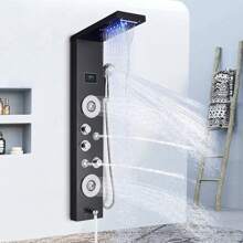Sistema de ducha LED Panel de ducha de lluvia negra Sistema de torre Sistema de cabezal de ducha de cascada montado en la pared 5 funciones Columna de ducha de masaje con ducha de mano - Negro - Ver 1