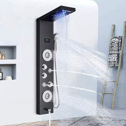Sistema de ducha LED Panel de ducha de lluvia negra Sistema de torre Sistema de cabezal de ducha de cascada montado en la pared 5 funciones Columna de ducha de masaje con ducha de mano