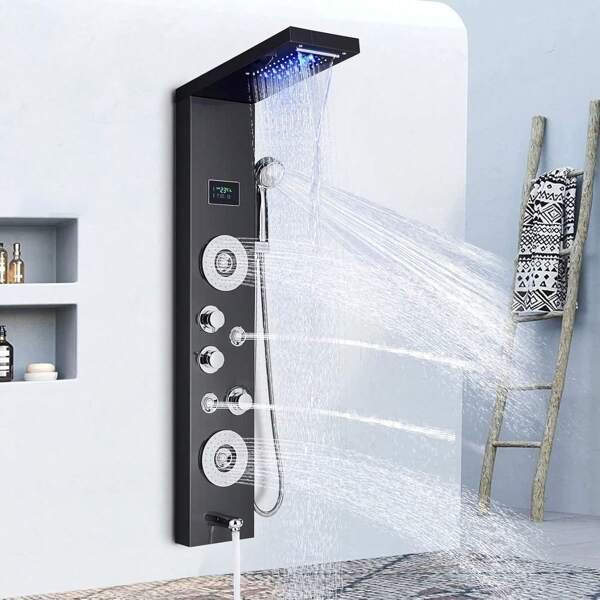 Sistema de ducha LED Panel de ducha de lluvia negra Sistema de torre Sistema de cabezal de ducha de cascada montado en la pared 5 funciones Columna de ducha de masaje con ducha de mano