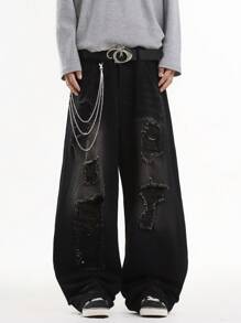 1 件正义兄弟破洞设计休闲宽松阔腿牛仔裤，百搭美式街头风格牛仔裤（不含腰带和配饰） - 黑色 - 查看 5