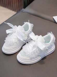 1 双女童夏季镂空网眼透气白色运动鞋，儿童公主运动休闲平底鞋 - 白色 - 查看 1