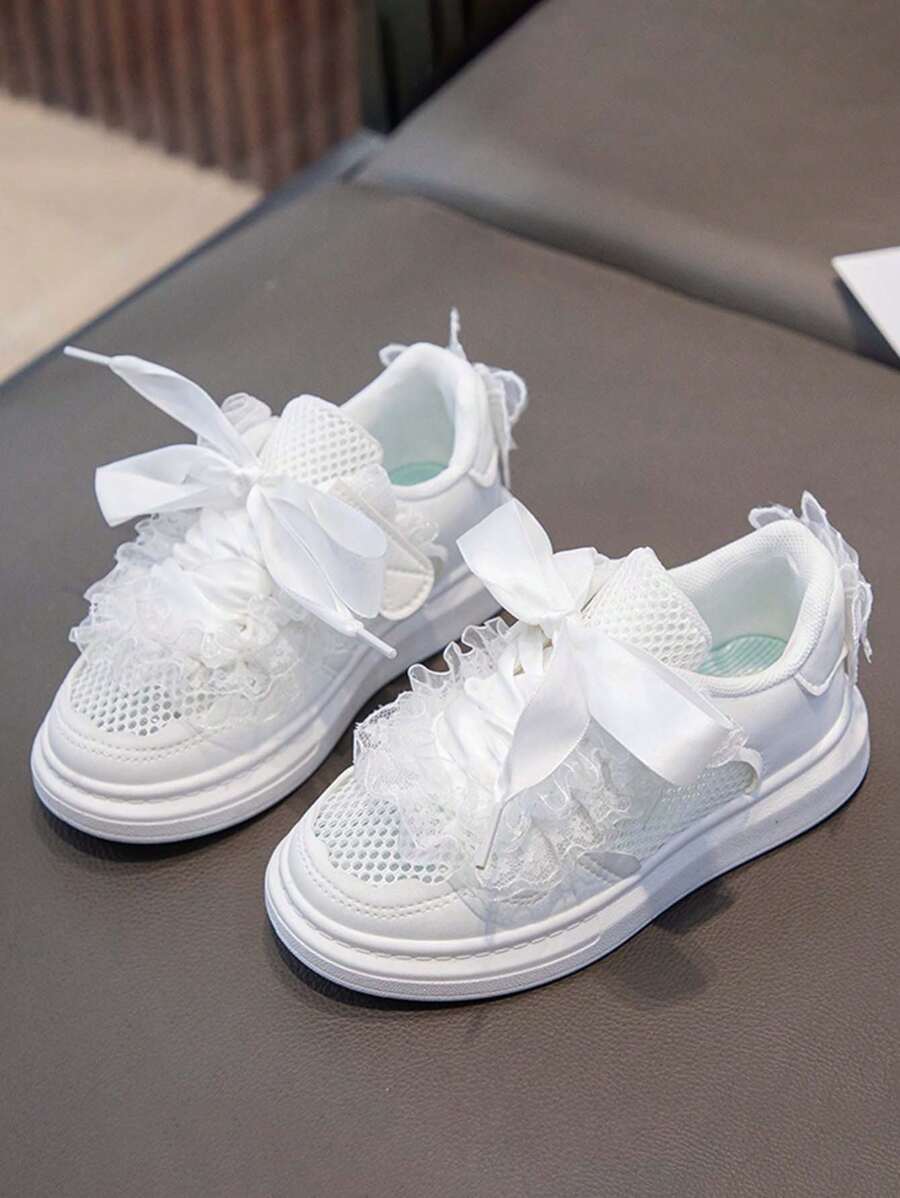 1 双女童夏季镂空网眼透气白色运动鞋，儿童公主运动休闲平底鞋 - 白色 - 查看 1