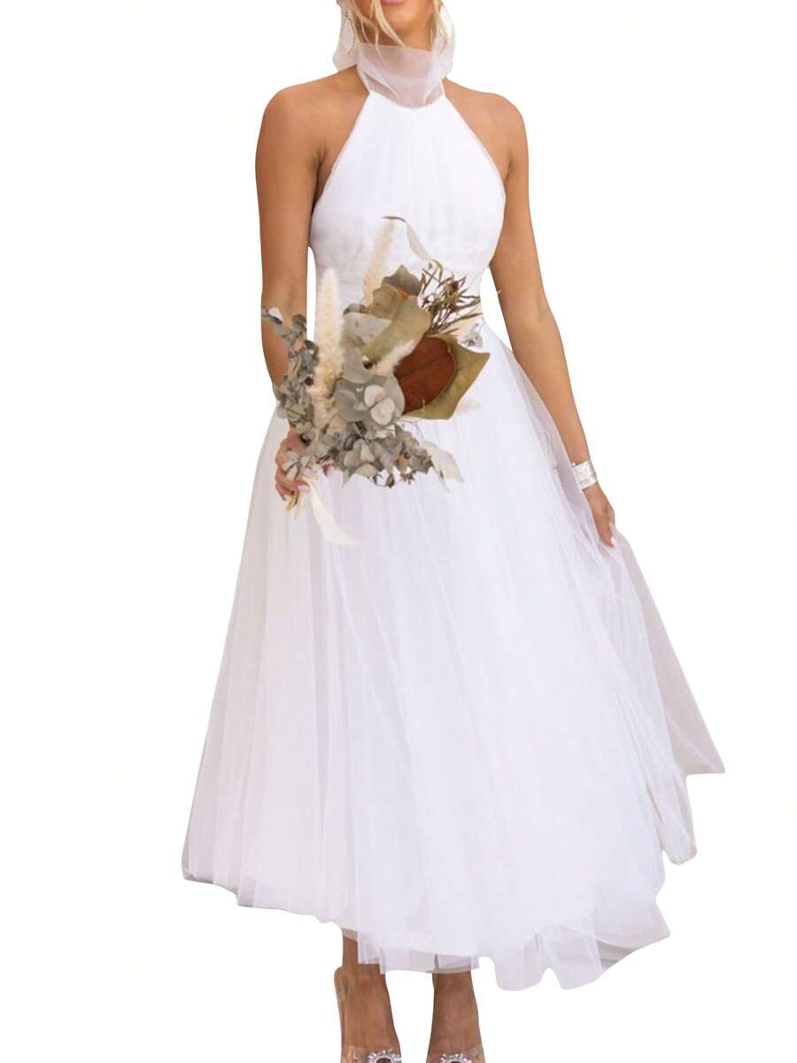 Womens Backless Long Dress Adjustable Tie Halter Neck Tulle High Waist Solid Cocktail Party Wedding Dress - White - View 1