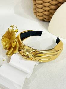 1pc Women Ramadan Gold Rose Peony Star Bead Chain Leather Star Knot Headband, Casual Polyester Fiber Headband, Suitable For Party Year Round