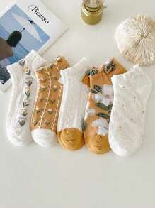 5/10/20 pares Calcetines cortos y versátiles para mujer con patrón de flor 3D en relieve, estilo retro, transpirables