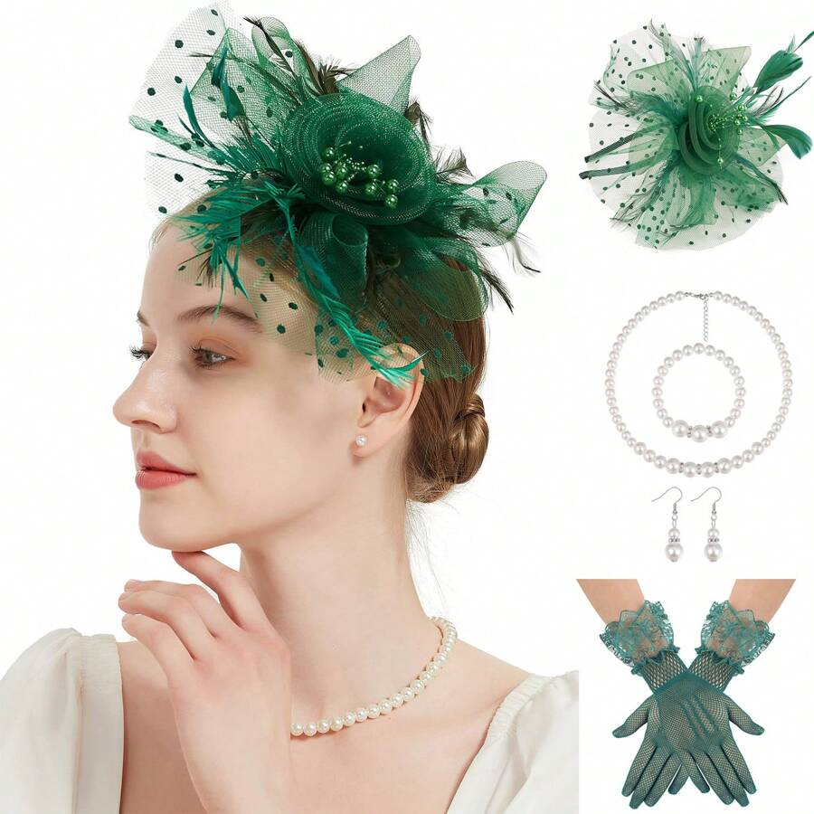 5 pièces Ensemble de fascinateurs pour femmes, chapeau pour thé, serre-tête pour le Kentucky Derby, mariage, fleur, cocktail, maille, plumes, épingle à cheveux, gant, collier