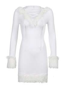 Christmas Costume For Women Mrs Claus Santa Outfit Fancy Fur Trim Dress Suit Xmas Cosplay Party Costumes Plush V-Neck Hooded Skirt Dress