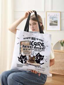 Cat Pattern Double-Sided Printed Linen Shoulder Tote Bag Shopping Bag Shoulder Bag Casual Travel Beach Bag Large Capacity Reusable Shoulder Shopping Bag
